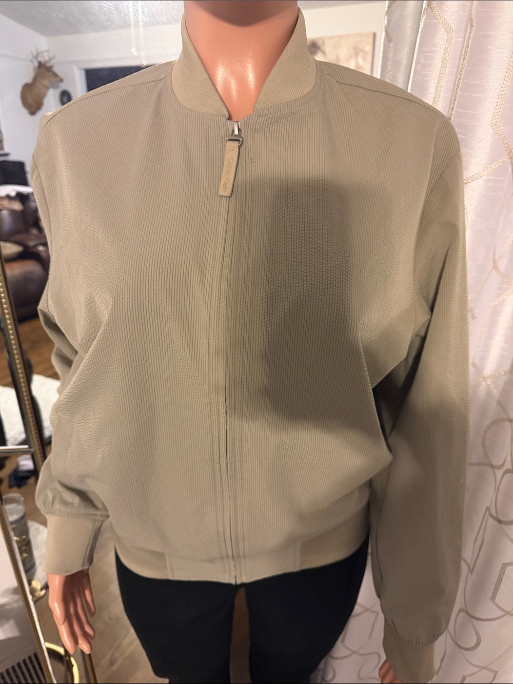 Calvin Klein Olive Taupe Bomber Jacket - Zip Front
